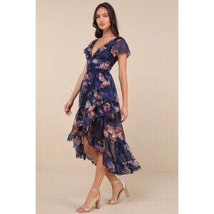 Lulus Cultivated Adoration Navy Floral Backless High-low Midi Dress Blue